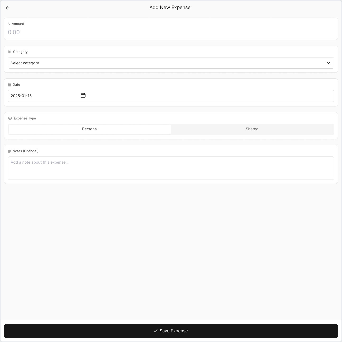 BudgetPal add expense form with amount, category, and sharing options