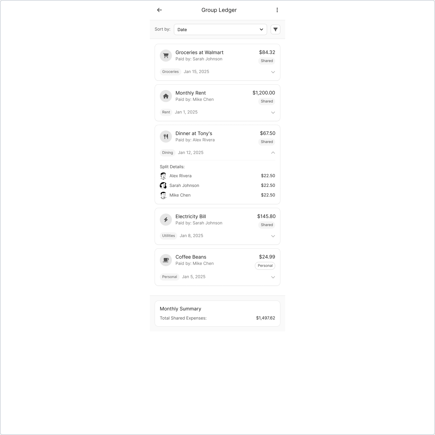 BudgetPal group ledger showing shared expenses and split details
