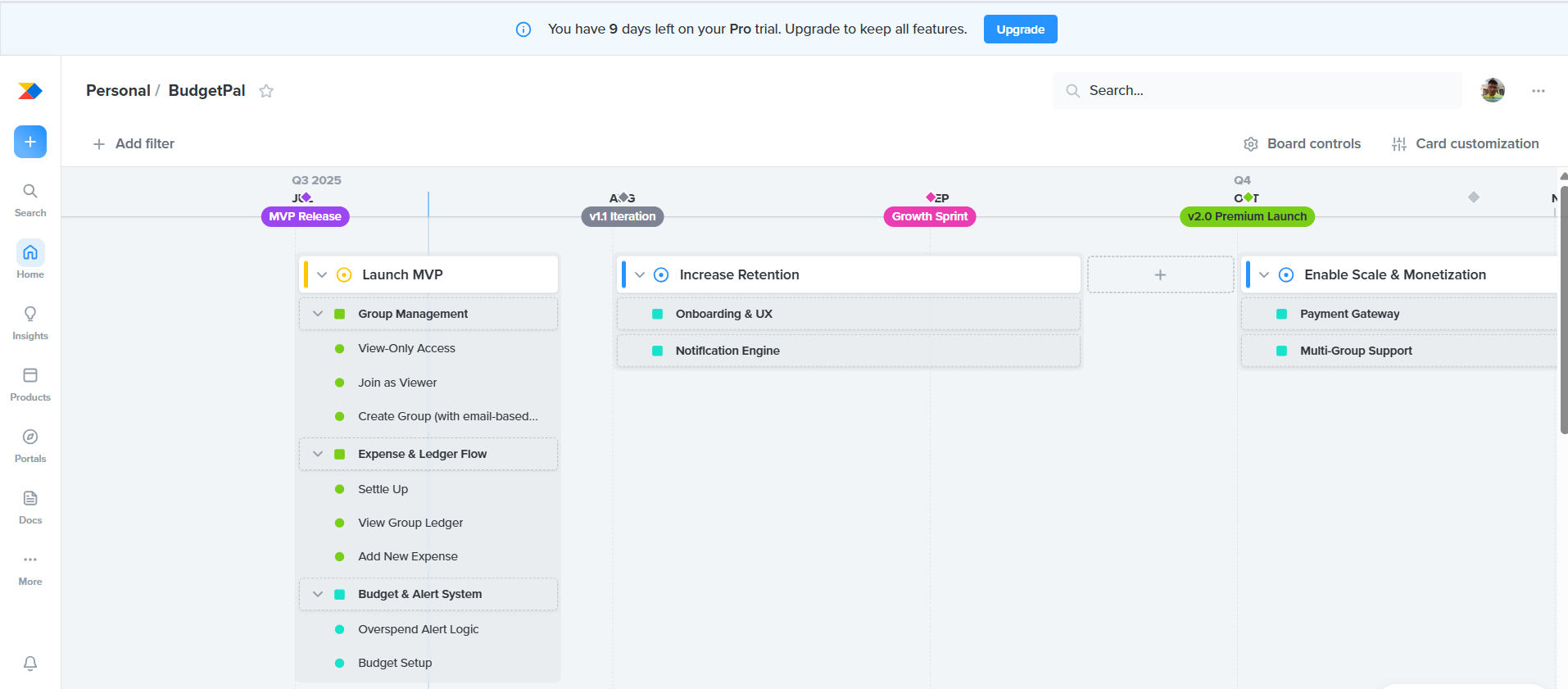 BudgetPal Productboard roadmap showing MVP Release, v1.1 Iteration, Growth Sprint, and v2.0 Premium Launch phases