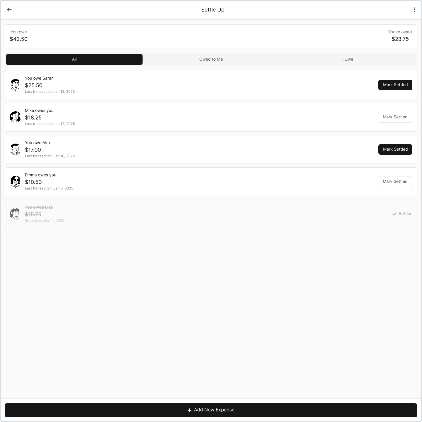 BudgetPal settle up interface showing balances between roommates