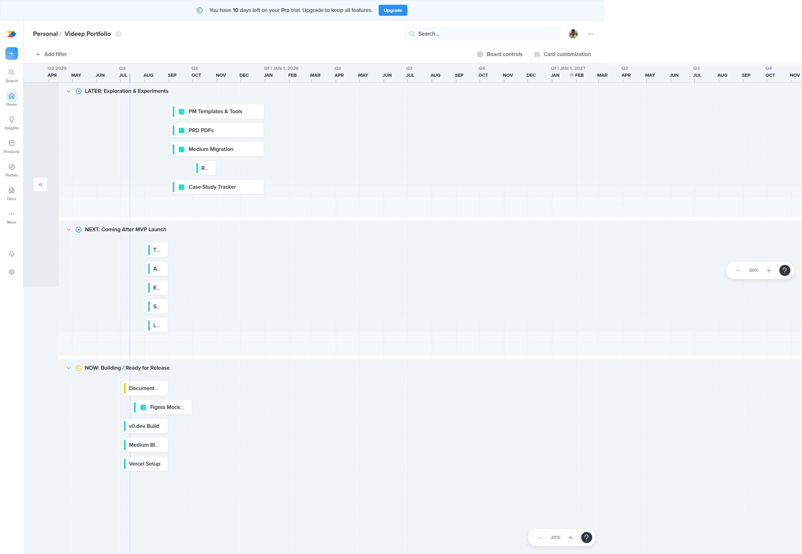 Productboard roadmap showing Now/Next/Later framework with portfolio development tasks including PM Templates & Tools, PRD PDFs, Medium Migration, Case Study Tracker, Figma Mock, v0.dev Build, Medium Blog, and Vercel Setup