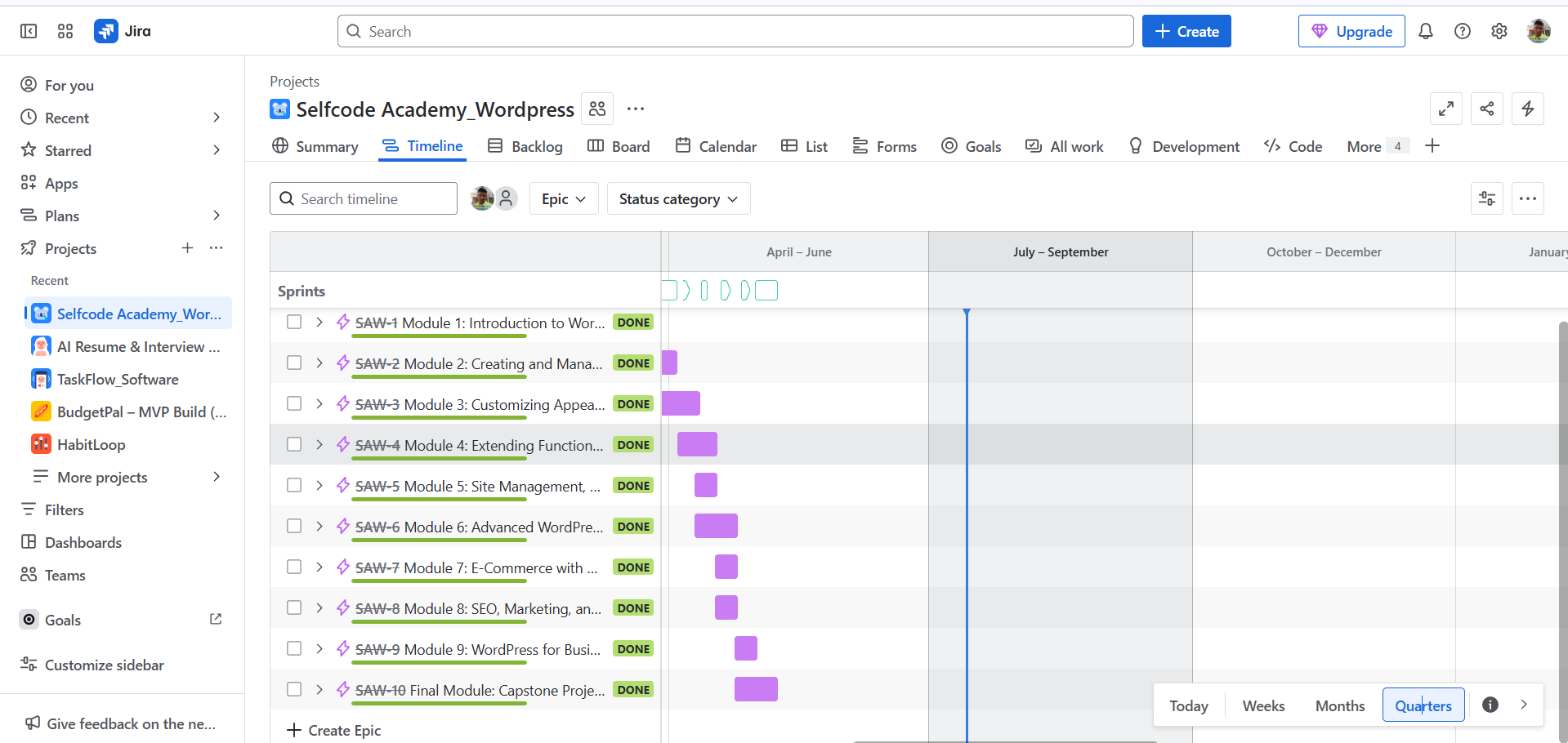 Selfcode Academy WordPress Jira timeline showing 10 completed modules: Introduction to WordPress, Creating and Managing Content, Customizing Appearance, Extending Functionality, Site Management, Advanced WordPress, E-Commerce, SEO Marketing, WordPress for Business, and Final Capstone Project