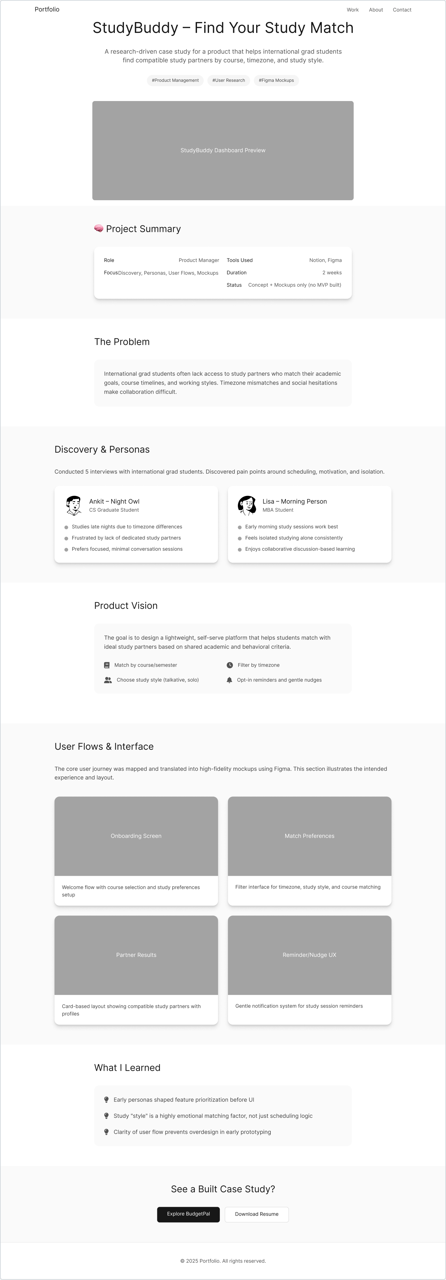 StudyBuddy case study preview - Study partner matcher for international grad students based on timezone, course, and focus style.