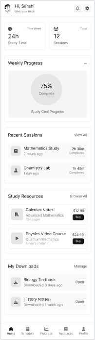 StudyBuddy dashboard showing user progress, recent study sessions, and available resources