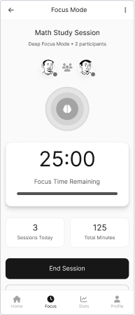 StudyBuddy focus mode showing study session timer and participant tracking