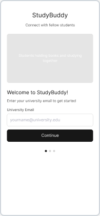 StudyBuddy onboarding screen with welcome message and email input