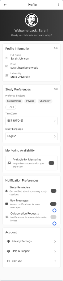 StudyBuddy profile section showing user preferences, study subjects, and notification settings