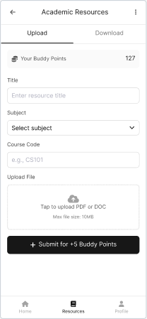 StudyBuddy resources sharing interface for uploading academic materials