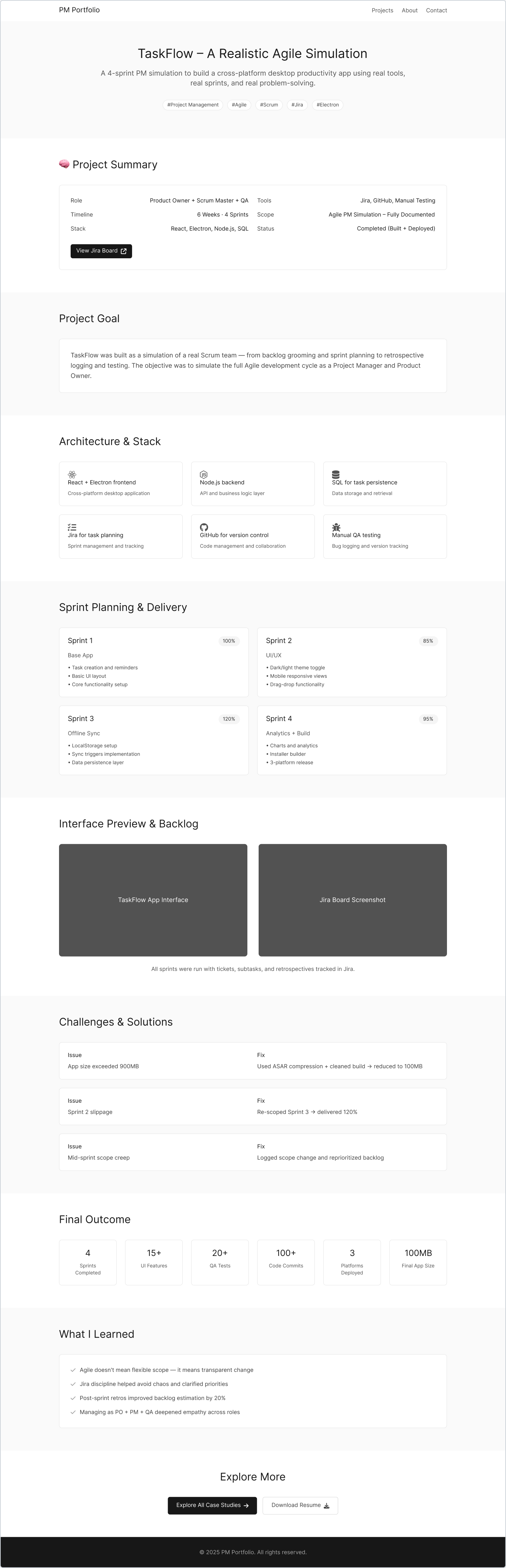 TaskFlow case study preview - Simulated 4-sprint project to deliver a desktop productivity app using React + Electron.